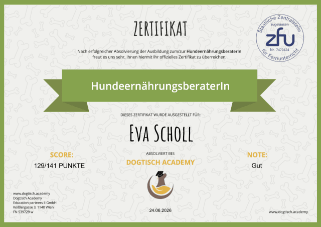 Zertifikat von Eva Scholl als Hundeernährungsberaterin